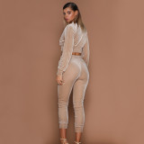 Velvet suit women's autumn and winter solid color zipper hoodie with feet sports trousers two-piece women