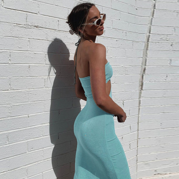 Autumn new sexy slim waist dress with halter neck and hollow long skirt