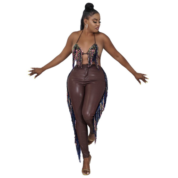New tassel sling PU leather pants sexy trendy tight women's suit