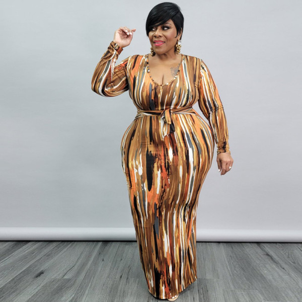 Women's spring new printing and dyeing U-neck tight-fitting long plus size dress with belt