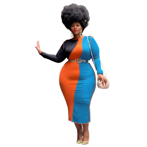 Women's spring new style stitching contrast color fashion tight-fitting plus size dress
