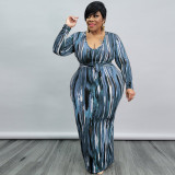 Women's spring new printing and dyeing U-neck tight-fitting long plus size dress with belt