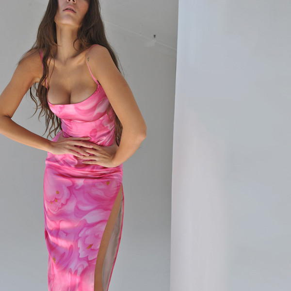 Backless sexy sling print winter dress female temperament slim long skirt