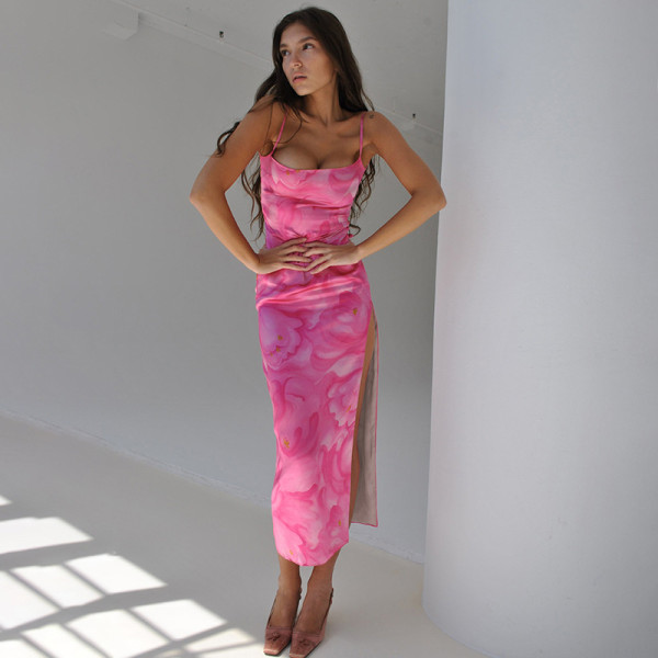 Backless sexy sling print winter dress female temperament slim long skirt