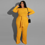 Pure color knitted fashion casual two-piece suit plus size women's suit