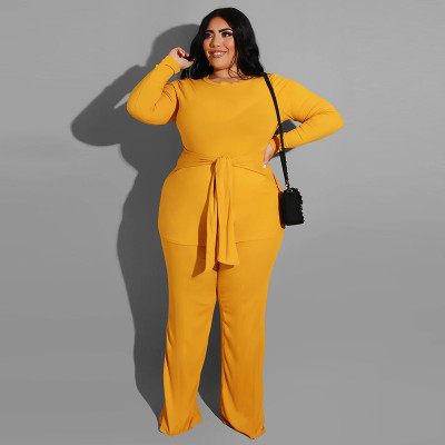 Pure color knitted fashion casual two-piece suit plus size women's suit