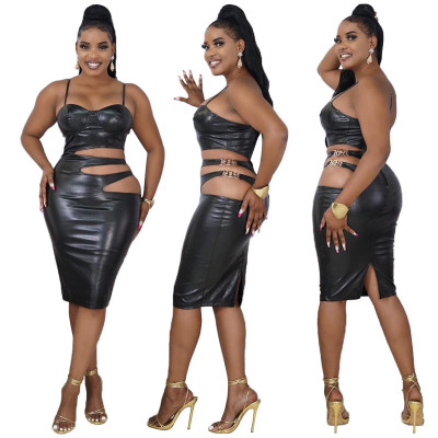PU leather sling slit tight-fitting hip-fit women's dress