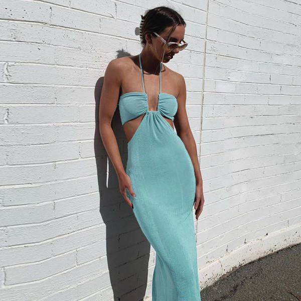 Autumn new sexy slim waist dress with halter neck and hollow long skirt