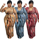 Women's spring new printing and dyeing U-neck tight-fitting long plus size dress with belt