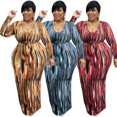 Women's spring new printing and dyeing U-neck tight-fitting long plus size dress with belt