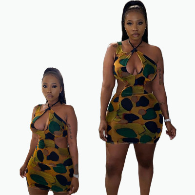 Sexy one-shoulder hollow graffiti bag hip dress  FFD1123