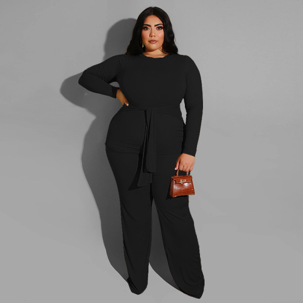Pure color knitted fashion casual two-piece suit plus size women's suit
