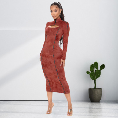 Women's spring new printing and dyeing hollow out-fitting plus size dress