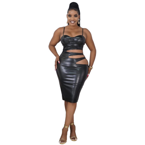 PU leather sling slit tight-fitting hip-fit women's dress