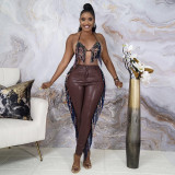 New tassel sling PU leather pants sexy trendy tight women's suit