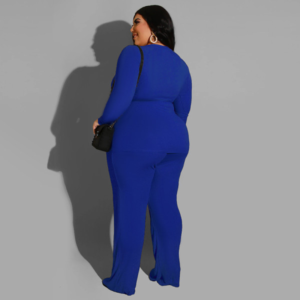 Pure color knitted fashion casual two-piece suit plus size women's suit
