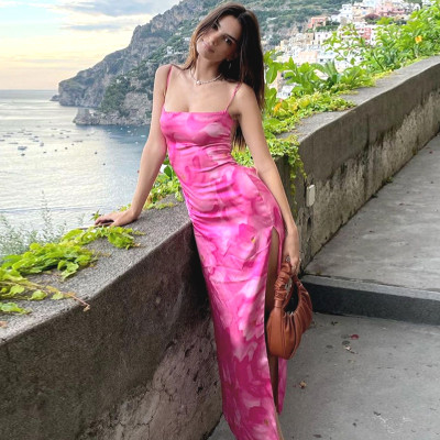 Backless sexy sling print winter dress female temperament slim long skirt