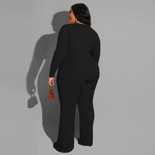 Pure color knitted fashion casual two-piece suit plus size women's suit