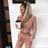 Velvet suit women's autumn and winter solid color zipper hoodie with feet sports trousers two-piece women