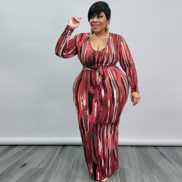 Women's spring new printing and dyeing U-neck tight-fitting long plus size dress with belt
