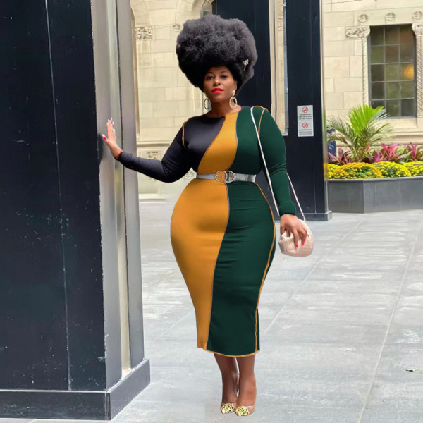 Women's spring new style stitching contrast color fashion tight-fitting plus size dress