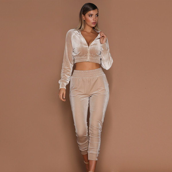 Velvet suit women's autumn and winter solid color zipper hoodie with feet sports trousers two-piece women