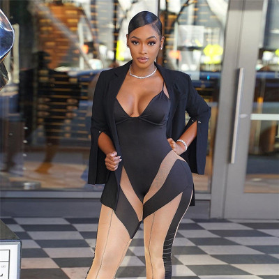 New sexy low-cut mesh perspective contrast stitching high-waist skinny suspender jumpsuit