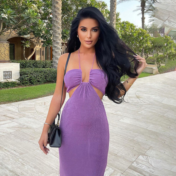 Autumn new sexy slim waist dress with halter neck and hollow long skirt