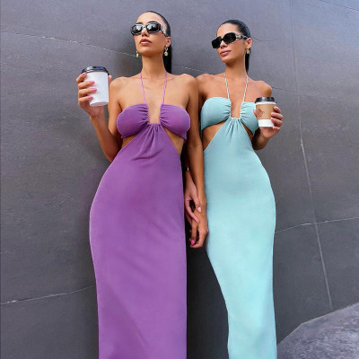 Autumn new sexy slim waist dress with halter neck and hollow long skirt