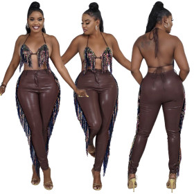 New tassel sling PU leather pants sexy trendy tight women's suit