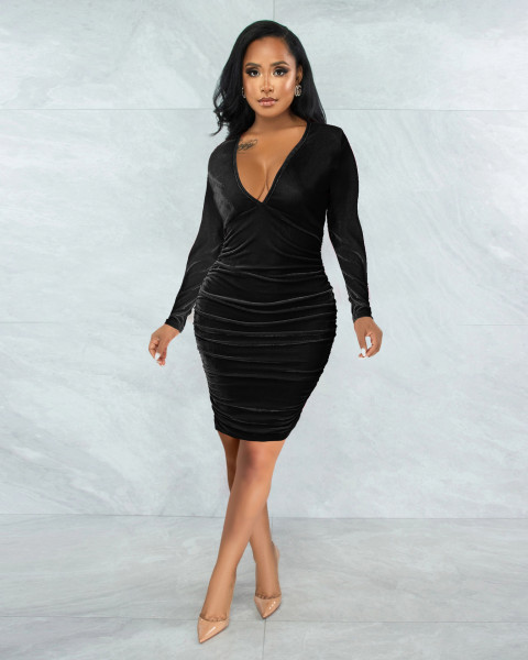 Slim gold velvet V-neck pleated long-sleeved solid color dress