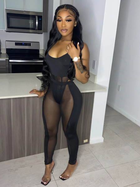 Women's mesh stitching sexy hollow nightclub perspective two-piece suit