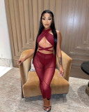 Feminine hollow halter neck cross mesh stitching perspective three-piece female
