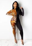 Round neck one-piece sexy slim-fit long-sleeved stitching printed jumpsuit