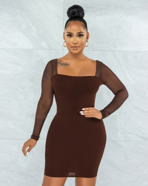 New fashion sexy mesh stitching long sleeve hip dress
