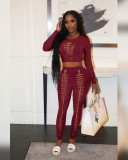 Pure Color Hollow Navel Burning Flower Set Fashion Casual Two-Piece Set