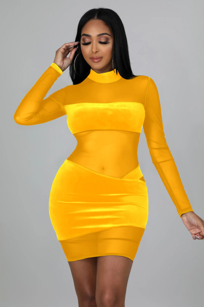 Autumn and winter fashion women's mesh stitching perspective sexy nightclub dress