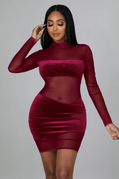 Autumn and winter fashion women's mesh stitching perspective sexy nightclub dress