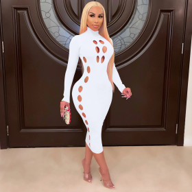 New high-neck fashion hollow sexy solid color dress