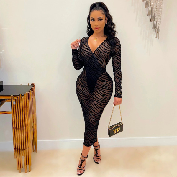 Fashion sexy women's V-neck long-sleeved mid-waist split mesh see-through nightclub dress new