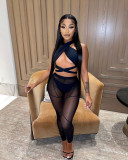 Feminine hollow halter neck cross mesh stitching perspective three-piece female
