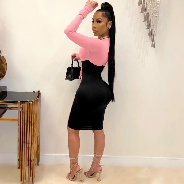 Women's Long Sleeve Round Neck Contrasting Color Bandage Sexy Slim Dress