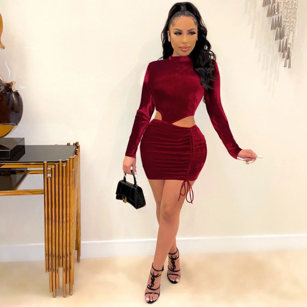 Women's sexy fashion pleated non-inverted velvet lace-up nightclub dress
