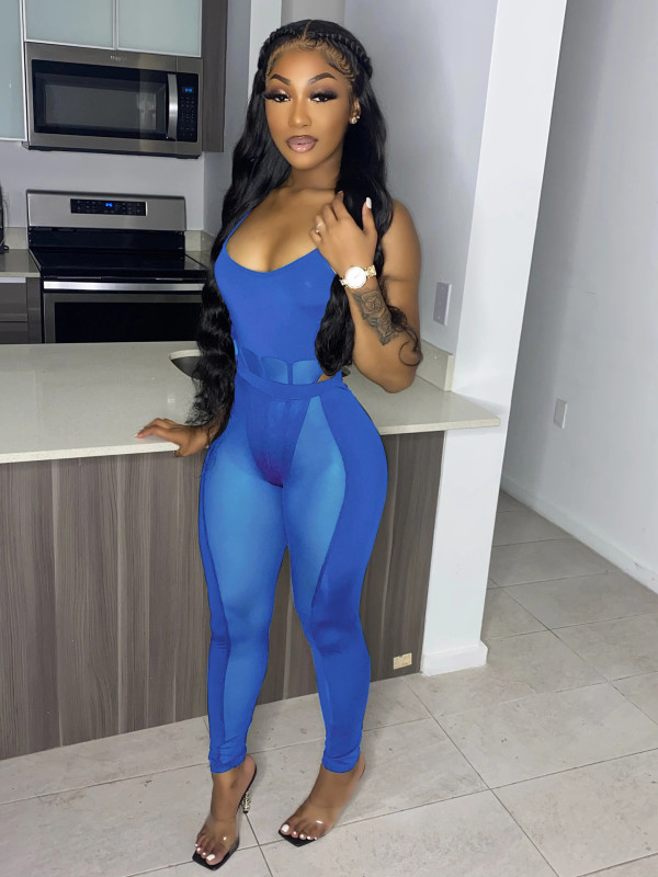 Women's mesh stitching sexy hollow nightclub perspective two-piece suit