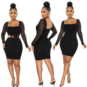 New fashion sexy mesh stitching long sleeve hip dress