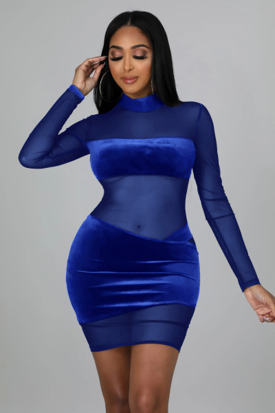 Autumn and winter fashion women's mesh stitching perspective sexy nightclub dress
