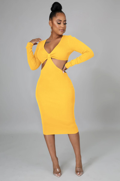 Pure color women's fashion sexy V-neck pit strip long-sleeved waist bag hip skirt