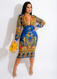 New autumn and winter long-sleeved V-neck waist digital printing dress