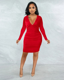 Slim gold velvet V-neck pleated long-sleeved solid color dress