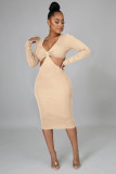 Pure color women's fashion sexy V-neck pit strip long-sleeved waist bag hip skirt